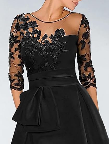 Buyishang A-Line Elegant Wedding Guest Dress Court Train Jewel Neck 3/4 Sleeve Evening Dress with Beading Slit Appliques